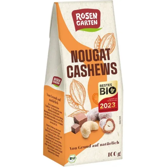 Caju bio glazurat cu ciocolata cu lapte si nougat, 100g Rosen Garten