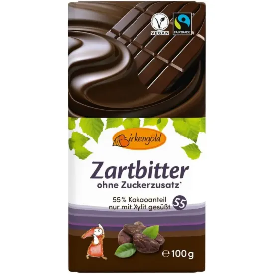 Ciocolata neagra indulcita doar cu xylitol 55% cacao, 100g Birkengold