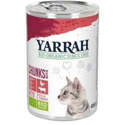 Hrana umeda bio pentru pisici, bucati de pui si vita in sos, 405g Yarrah Hrana umeda bio pentru pisici, bucati de pui si vita in sos, 405g Yarrah