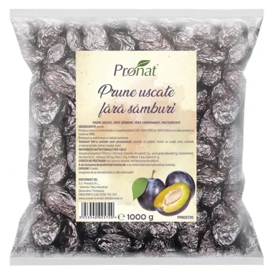 Prune uscate, fara samburi, 1kg Pronat