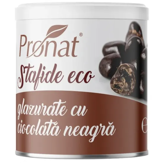 Stafide bio glazurate cu ciocolata neagra, 100g Pronat