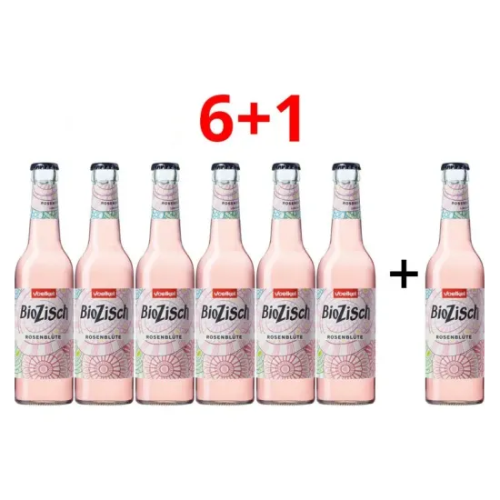 7 buc la pret de 6 buc Suc bio din flori de trandafiri, 7x330ml Voelkel Biozisch