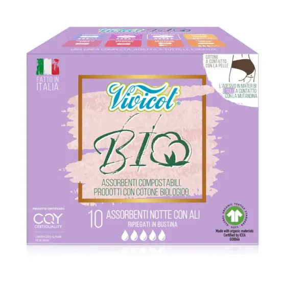 Absorbante de noapte din bumbac bio, hipoalergenic, compostabil (10 buc) - VIVICOT BIO