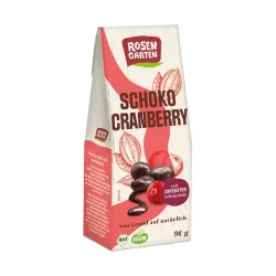 Afine rosii bio glazurate in ciocolata neagra, 90g Rosen Garten Afine rosii bio glazurate in ciocolata neagra, 90g Rosen Garten