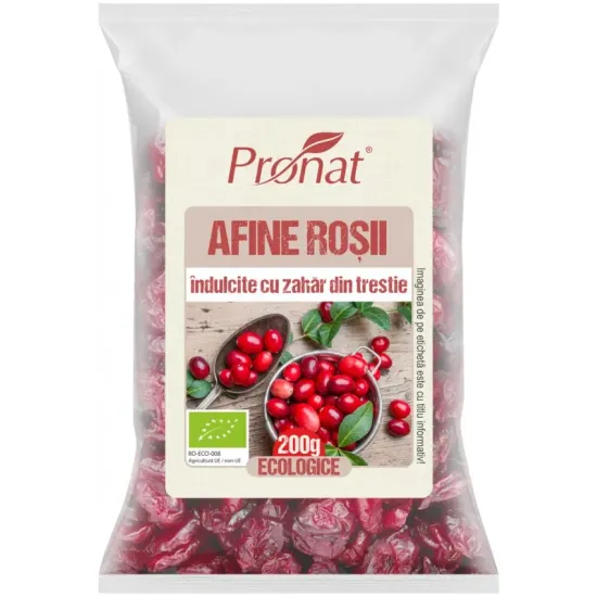 Afine rosii bio indulcite cu zahar din trestie, 200g Pronat