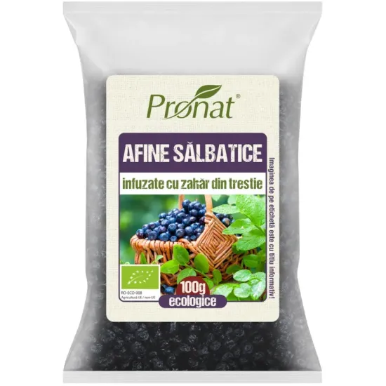 Afine salbatice bio indulcite cu zahar din trestie, 100g Pronat