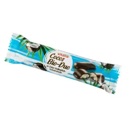 Batoane bio de cocos in ciocolata neagra cu lapte, 40g Vitana Batoane bio de cocos in ciocolata neagra cu lapte, 40g Vitana