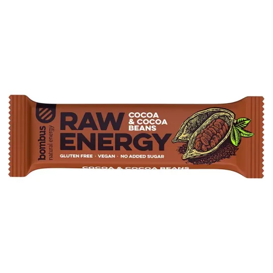 Baton energizant Raw Energy cu cacao si boabe de cacao, 50g Bombus