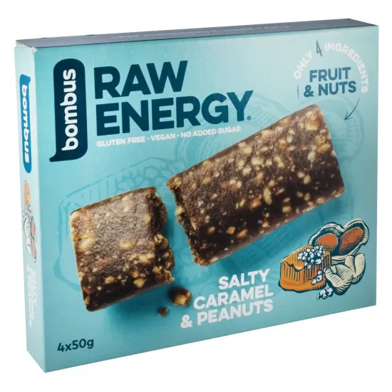 Baton energizant Raw Energy cu caramel sarat si arahide, 4x50g Bombus