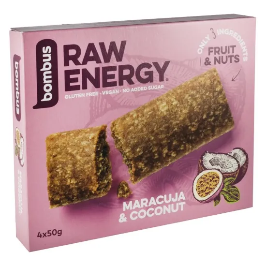 Baton energizant Raw Energy cu maracuja si nuca de cocos, 4x50g Bombus