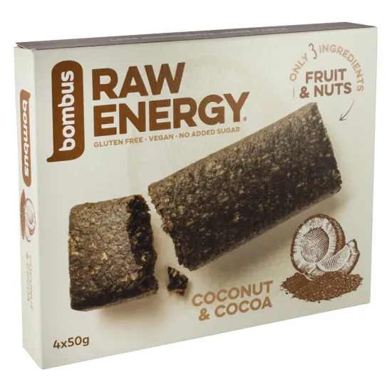 Baton energizant Raw Energy cu nuca de cocos si cacao, 4x50g Bombus