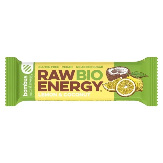 Baton energizant bio, Raw Energy, cu lamaie si nuca de cocos 50g Bombus