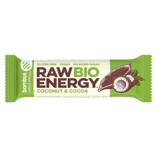 Baton energizant bio, Raw Energy, cu nuca de cocos si cacao 50g Bombus