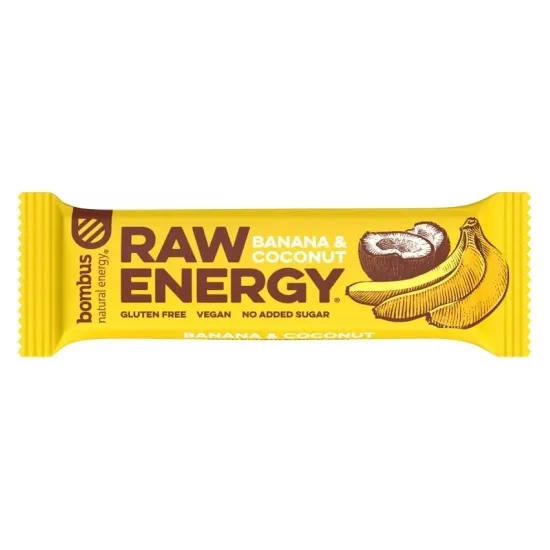 Baton proteic Raw Energy cu banane si nuca de cocos, 50g Bombus