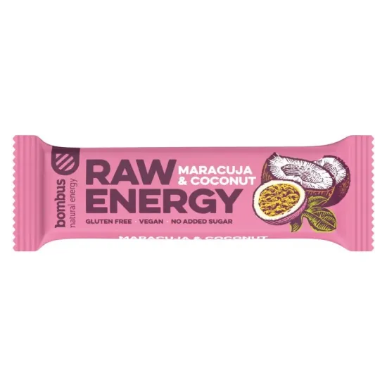 Baton proteic Raw Energy cu maracuja si nuca de cocos, 50g Bombus