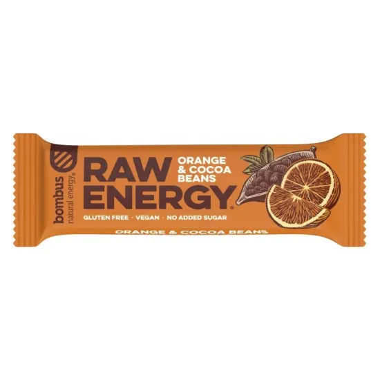 Baton proteic Raw Energy cu portocale si boabe de cacao, 50g Bombus