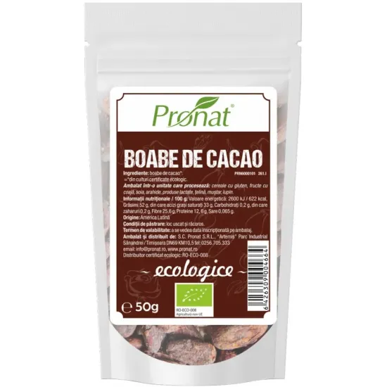 Boabe de cacao raw, bio, 50g Pronat