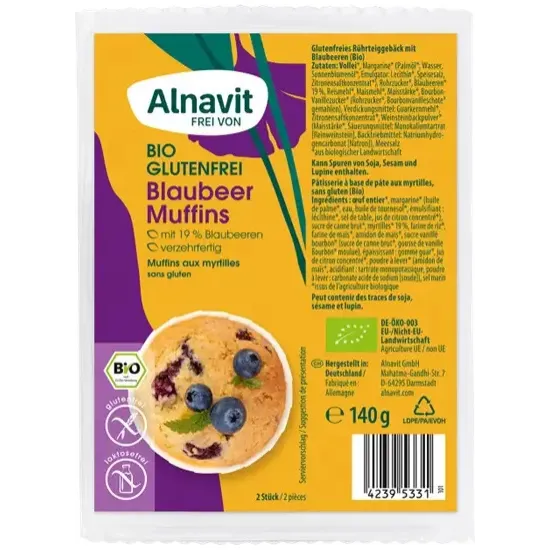 Briose cu afine fara gluten,bio, 140g, 2 buc. Alnavit