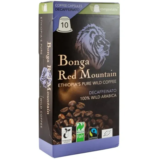 Cafea decofeinizata bio si fairtrade in capsule pentru espressor, 10 x 5.5g Bonga Red Mountain