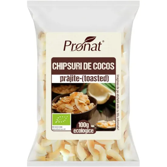 Chipsuri bio din nuca de cocos, prajite (toasted), 100g Pronat