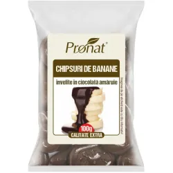 Chipsuri de banane invelite in ciocolata amaruie, 100g Pronat Chipsuri de banane invelite in ciocolata amaruie, 100g Pronat