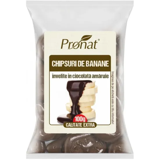 Chipsuri de banane invelite in ciocolata amaruie, 100g Pronat