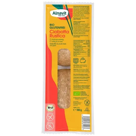 Ciabatta rustica fara gluten, precoapta, bio, 180g, 2 buc. Alnavit