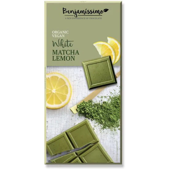 Ciocolata alba cu matcha si lamaie bio, 70g, Benjamissimo