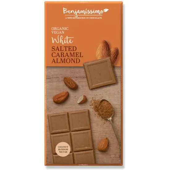 Ciocolata alba cu migdale si caramel sarat bio, 70g, Benjamissimo