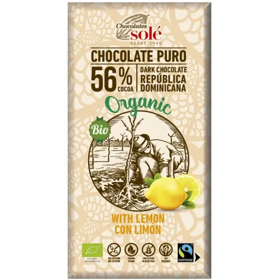 Ciocolata bio cu lamaie 56% cacao, 100g Chocolates Sole