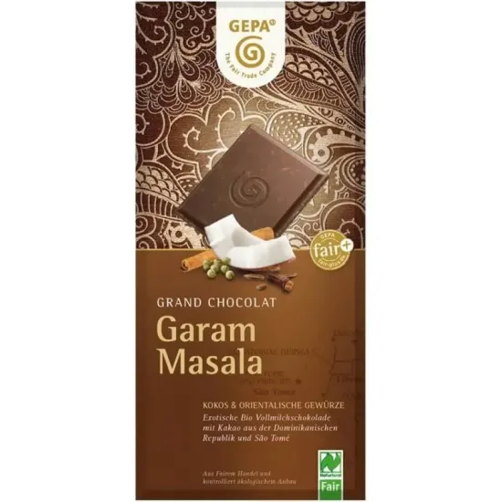 Ciocolata bio cu lapte, cocos si condimente orientale Garam Masala, 100g Gepa