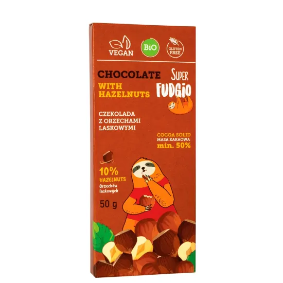 Ciocolata cu alune de padure, bio, 50g, Super Fudgio