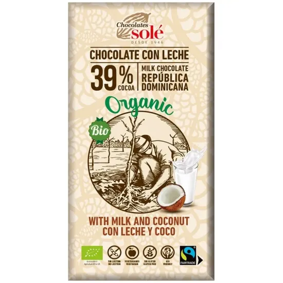 Ciocolata cu lapte si cocos bio si fairtrade, 100g Chocolates Sole