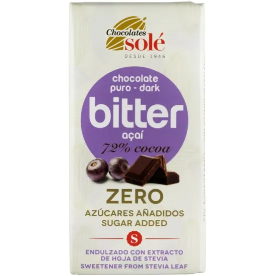 Ciocolata neagra 72% cacao cu acai, indulcita cu stevie, 100g Chocolates Sole