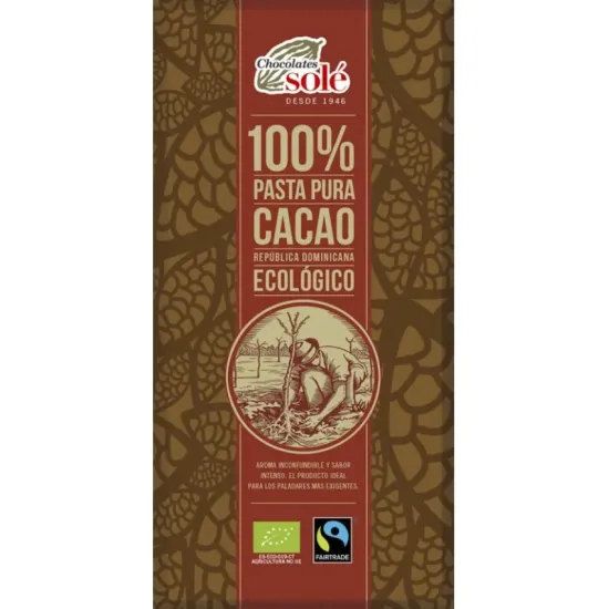 Ciocolata neagra bio 100% cacao, 100g Chocolates Sole