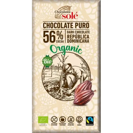 Ciocolata neagra bio 56% cacao, 100g Chocolates Sole