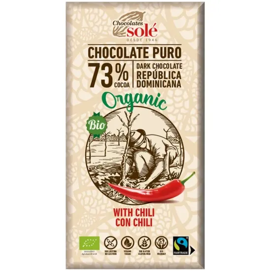 Ciocolata neagra bio cu chili, 73% cacao, 100g Chocolates Sole