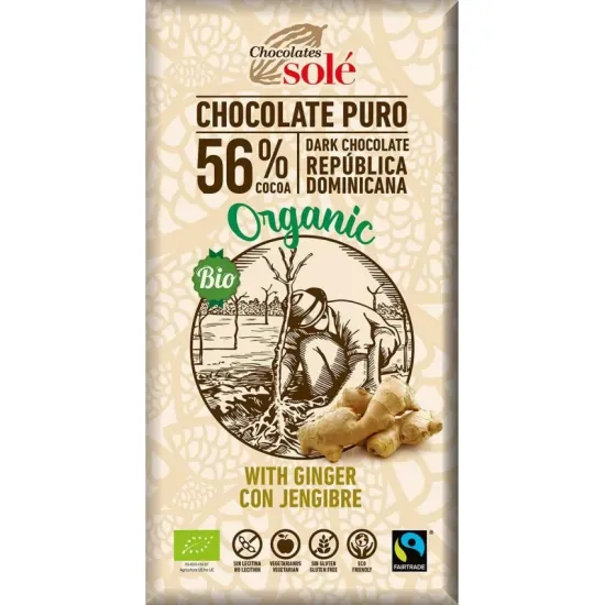 Ciocolata neagra bio cu ghimbir, 56% cacao, 100g Chocolates Sole