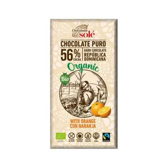 Ciocolata neagra bio cu portocale, 56% cacao, 100g Chocolates Sole