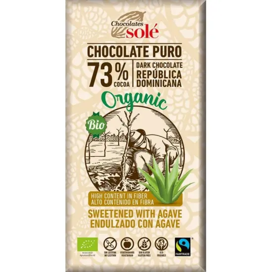 Ciocolata neagra bio cu sirop de agave, 73% cacao, 100g Chocolates Sole