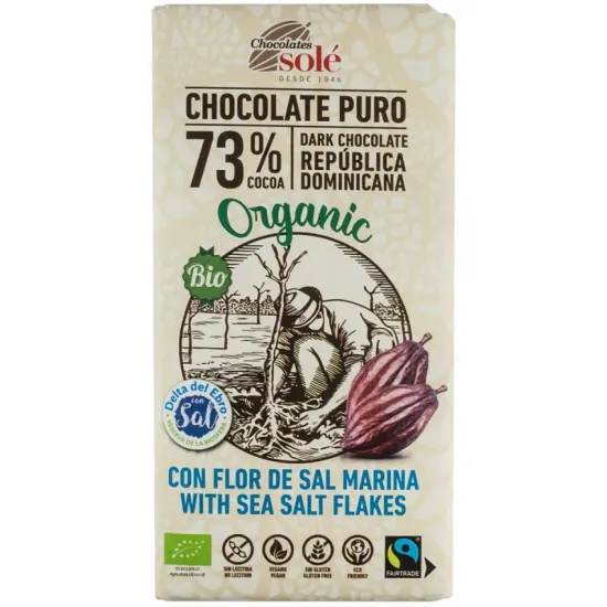 Ciocolata neagra bio si fairtrade 73% cacao cu Fleur de sel, 100g Chocolates Sole