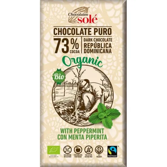 Ciocolata neagra cu menta bio si fairtrade 73% cacao, 100g Chocolates Sole