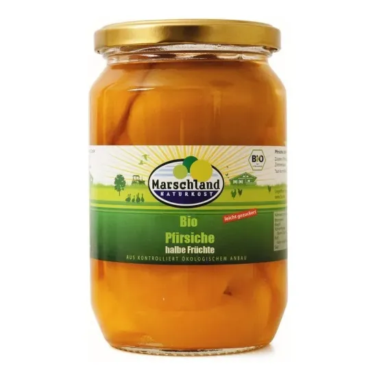 Compot bio de piersici jumatati, 680g / 385g Marschland Naturkost