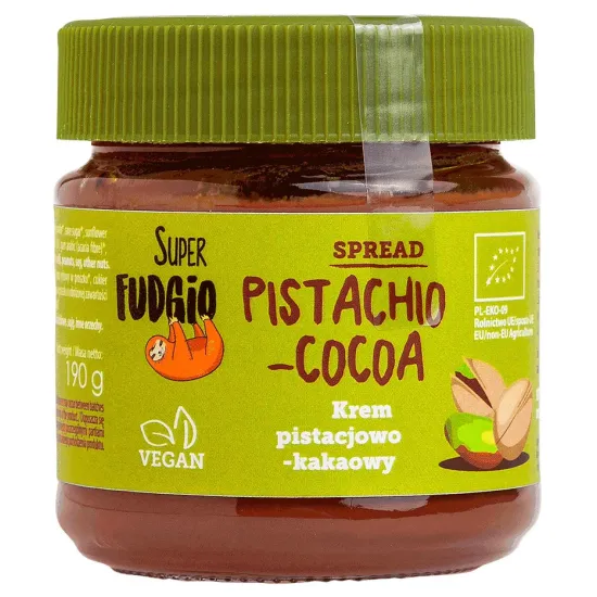 Crema tartinabila de ciocolata cu fistic si cacao, bio, 190g, Super Fudgio