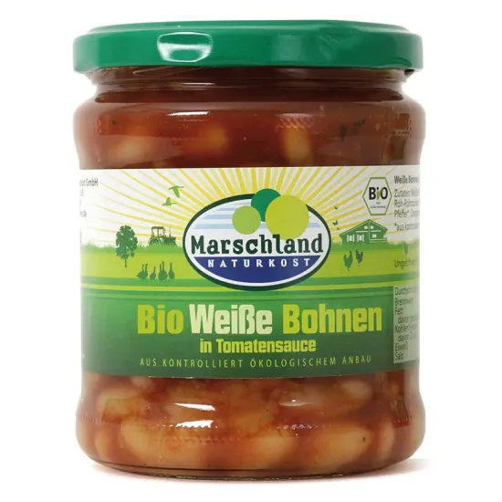 Fasole alba bio in sos de rosii, 350g Marschland Naturkost