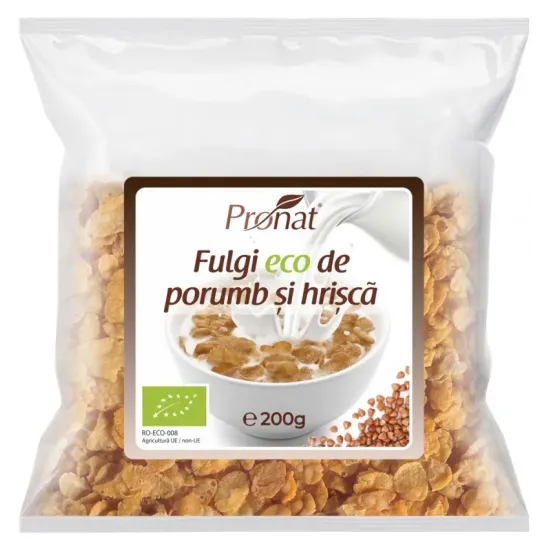 Fulgi bio de porumb si hrisca, 200g Pronat