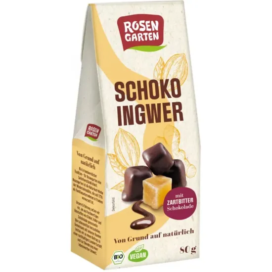 Ghimbir bioglazurat cu ciocolata neagra, 80g Rosen Garten