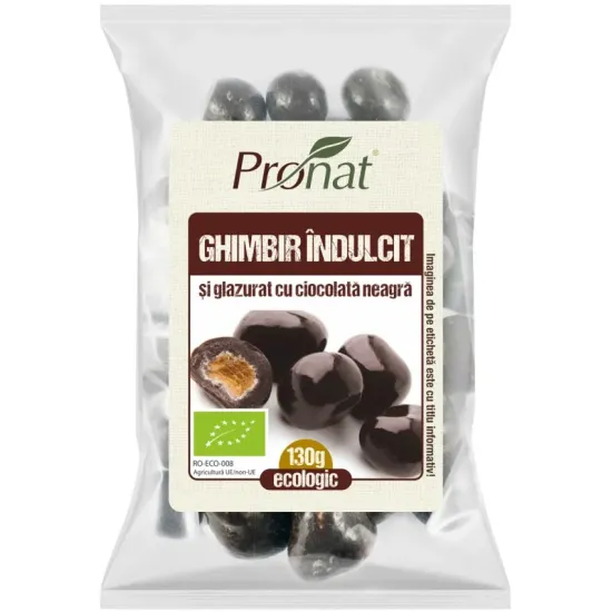 Ghimbir bio indulcit si glazurat cu ciocolata neagra, 130g, Pronat