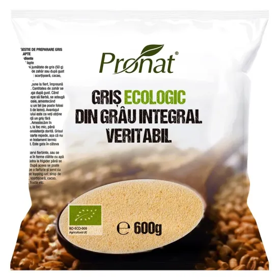 Gris bio din grau integral veritabil, 600g Pronat