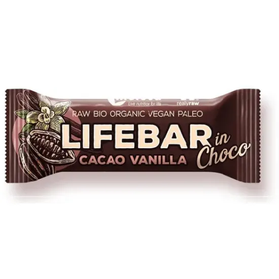 Lifebar baton cu cacao si vanilie in ciocolata raw bio 40g